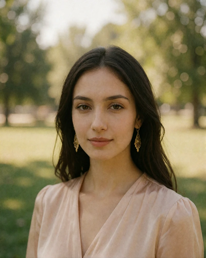 Smiling Tajik woman with fine gold earrings photographed in a sunlit park setting