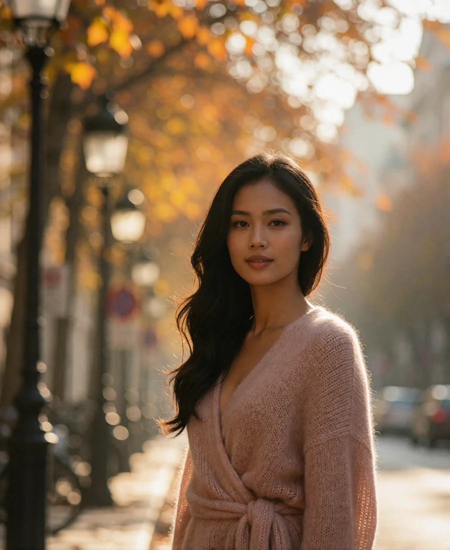 Verified Southeast Asian member in a dusty rose knit wrap on an autumn city street at golden hour