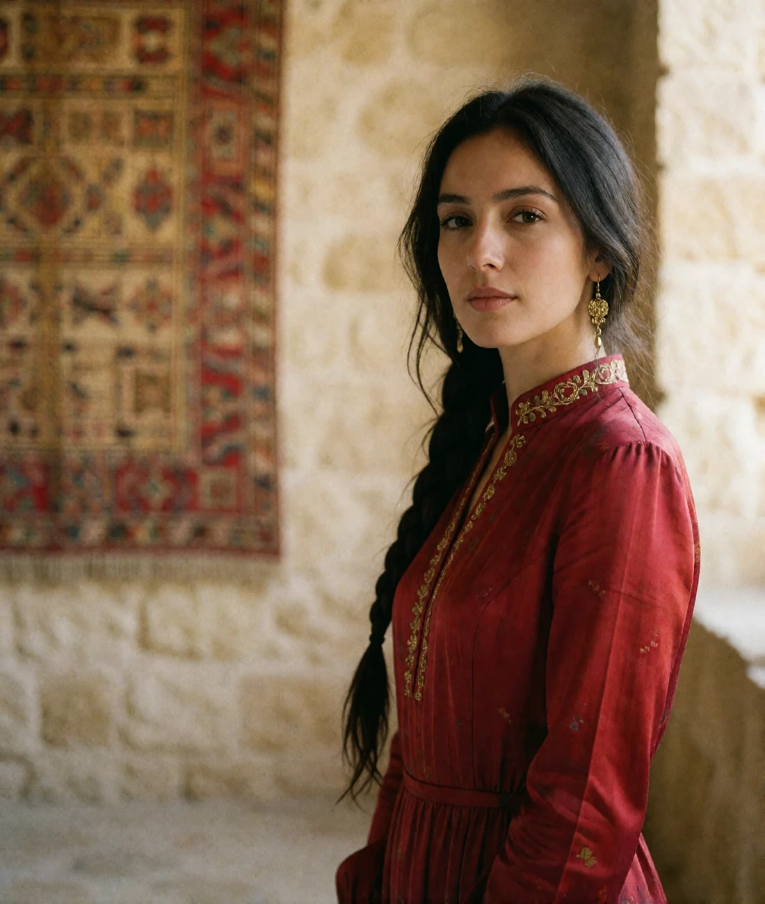 Serene Turkmen woman in a deep red silk dress with gold embroidery standing in a warm sunlit gallery