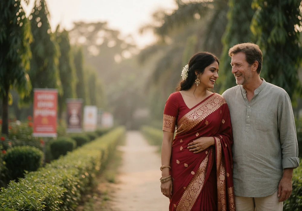 A woman in a deep red sari and a man in a soft grey shirt walking together along a garden path at late afternoon
