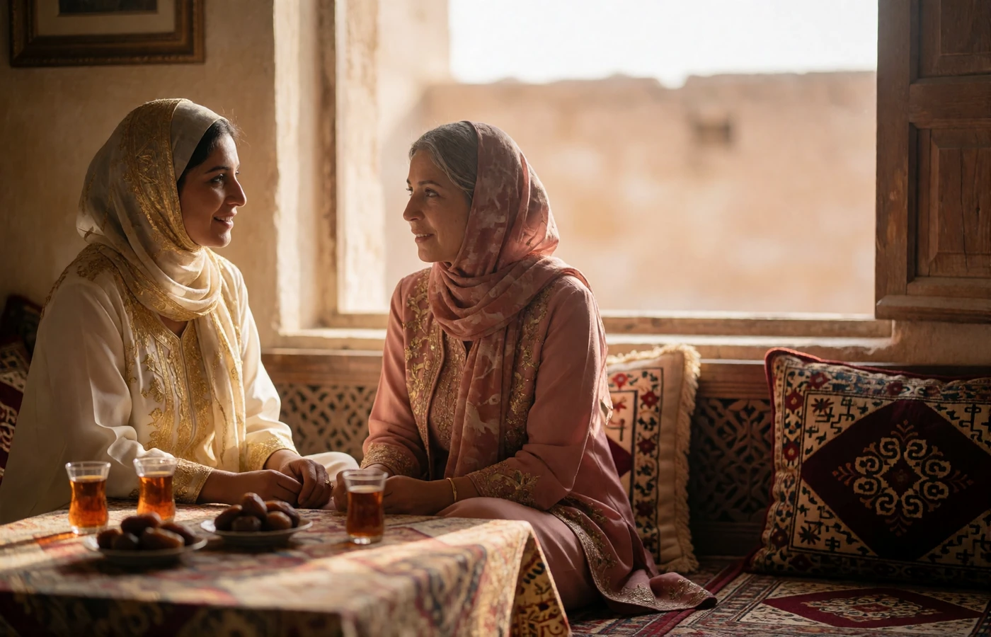 Two Yemeni women sharing tea and dates at a low table in a warmly lit interior