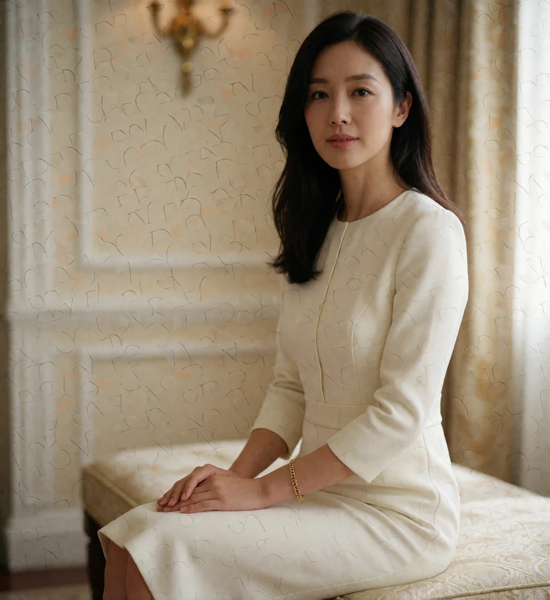 Poised Korean woman in an ivory dress seated on a bench in a serene hotel salon interior