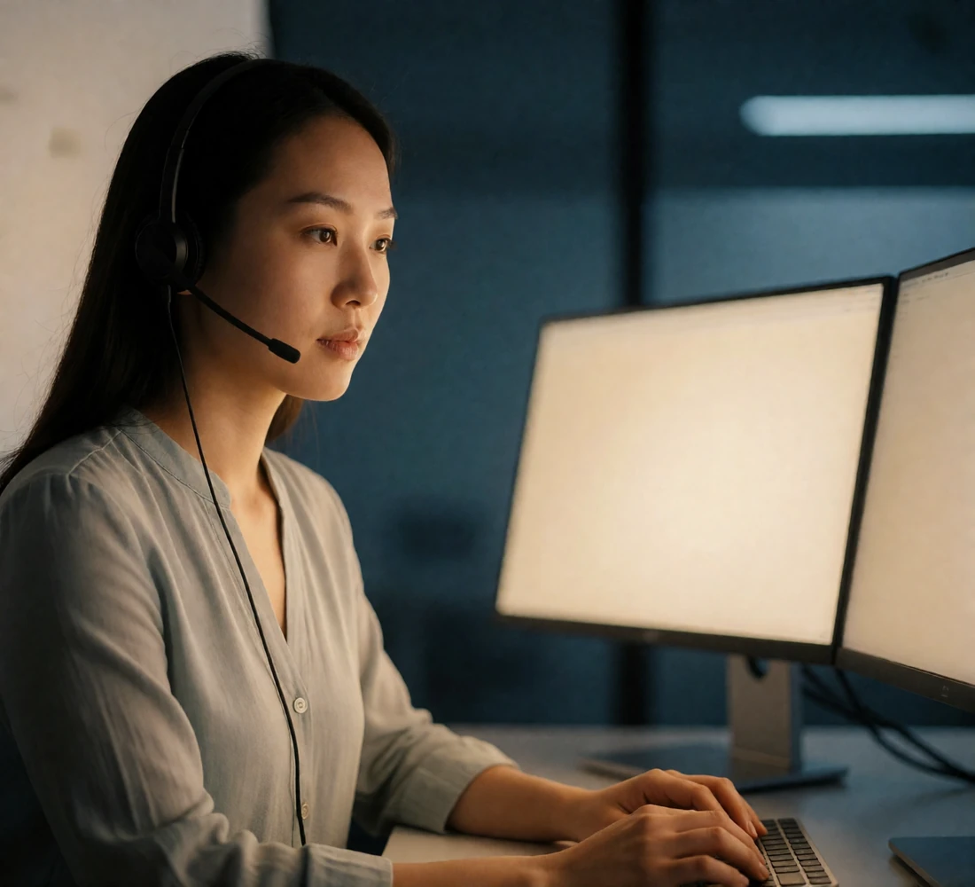 Moderation specialist wearing a headset reviewing member profiles on two monitors at a modern workstation