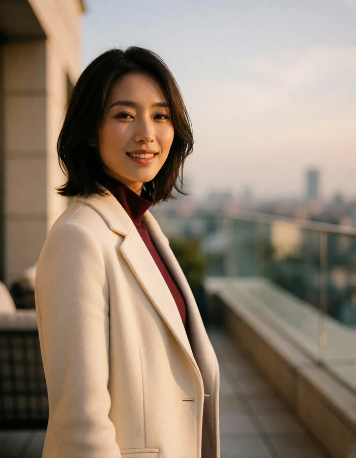 Japanese woman in a tailored ivory coat over a burgundy top on a city rooftop terrace at golden hour