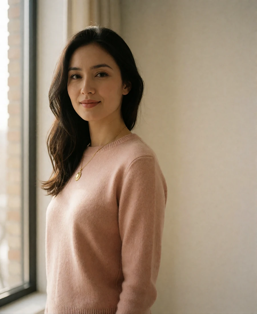 Elegant Kazakh woman in a blush cashmere sweater standing by a window in a quiet modern room
