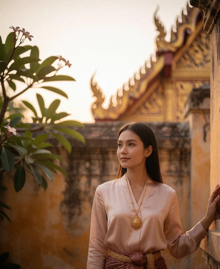 Poised Thai woman in a blush silk blouse standing in a sunlit temple courtyard with warm ochre stone walls
