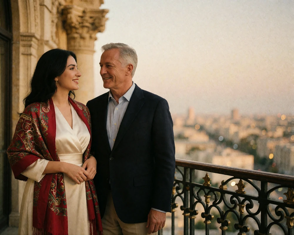 Couple standing together on a hotel terrace at golden hour with a blurred cityscape behind them