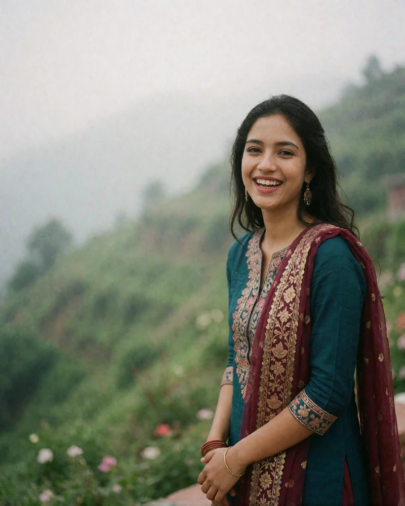 Cheerful Nepali woman in a deep teal kurta laughing on a misty hillside terrace