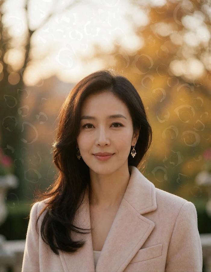 Korean woman with layered hair in a blush coat smiling on a garden terrace at golden hour