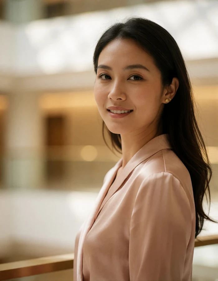 Smiling Singaporean woman in a blush satin blouse standing in a bright modern atrium