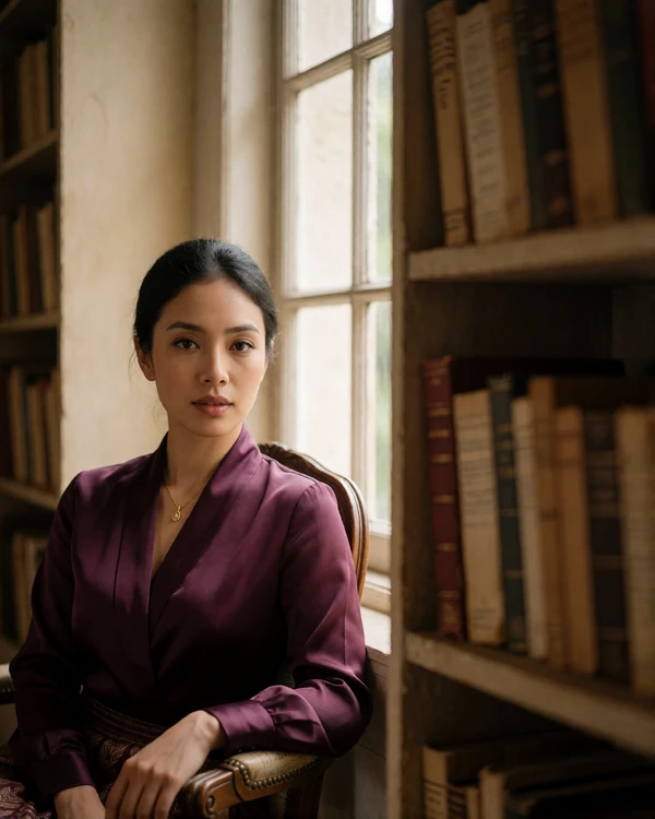 Thoughtful Burmese woman in a deep plum silk blouse seated beside a window in a quiet reading room