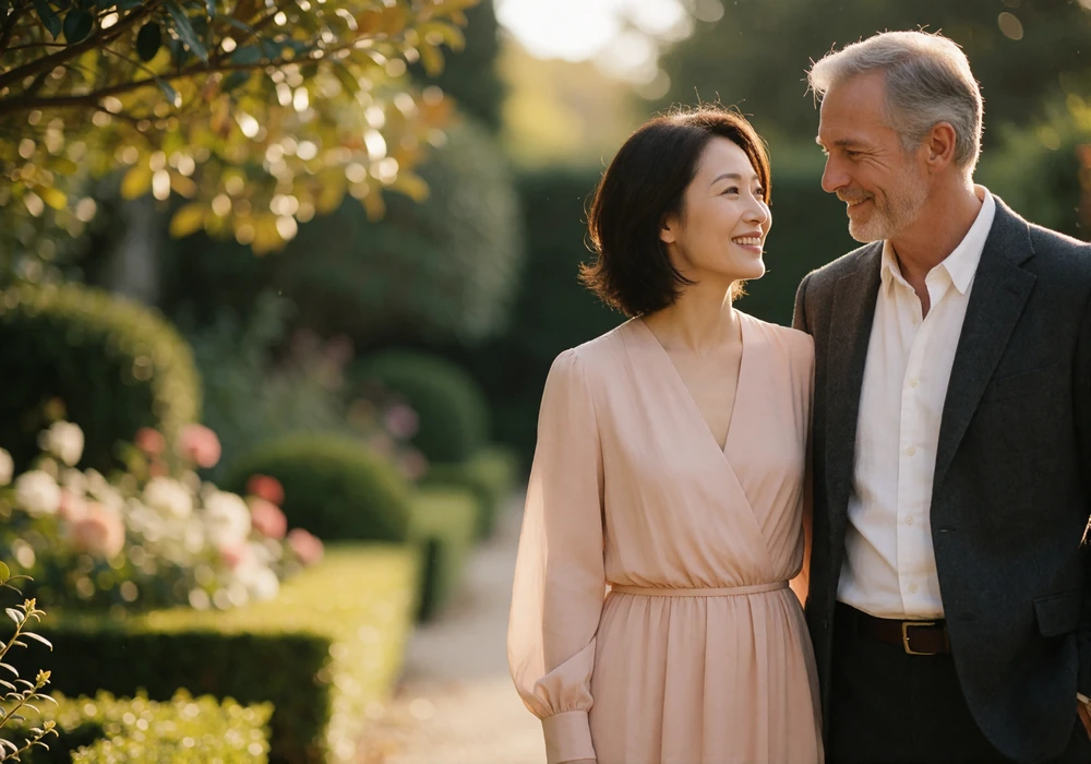 Couple smiling at each other on a quiet garden path at late afternoon