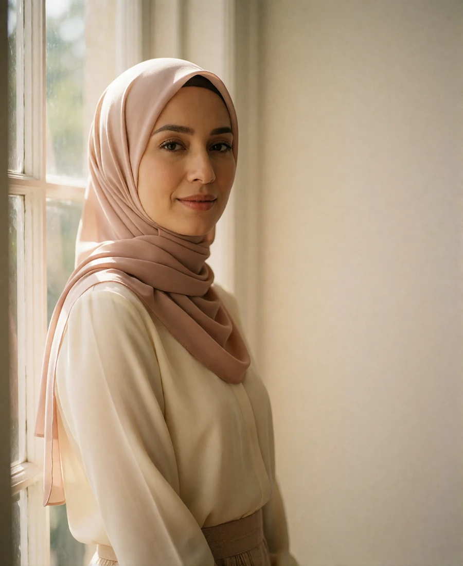 Elegant Bruneian woman in a soft blush headscarf and cream blouse standing beside a sunlit window