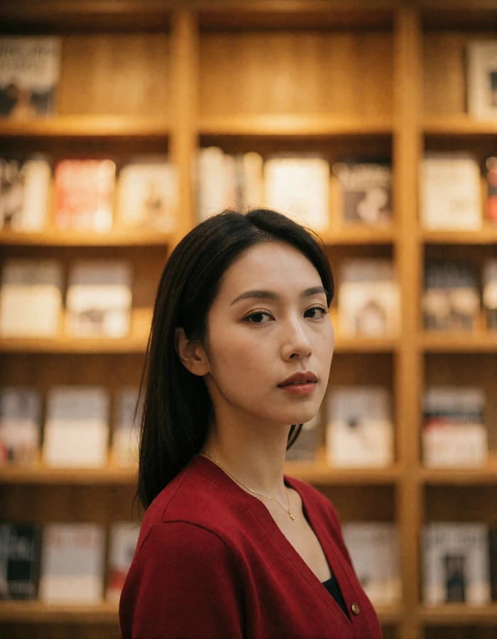 Poised Taiwanese woman in a deep red cardigan in a warm wood-toned bookstore interior