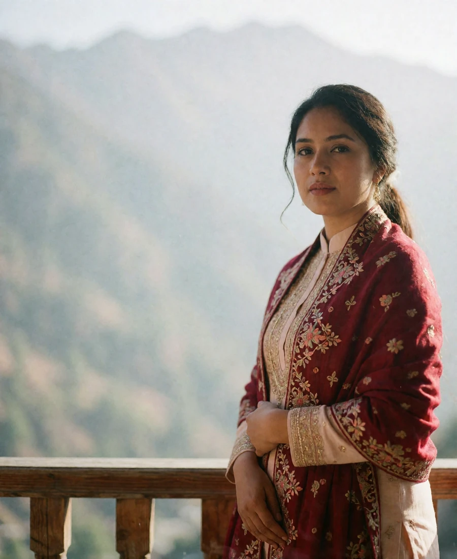 Composed Nepali woman in a deep red embroidered shawl standing on a wooden balcony with Himalayan foothills in soft focus behind her