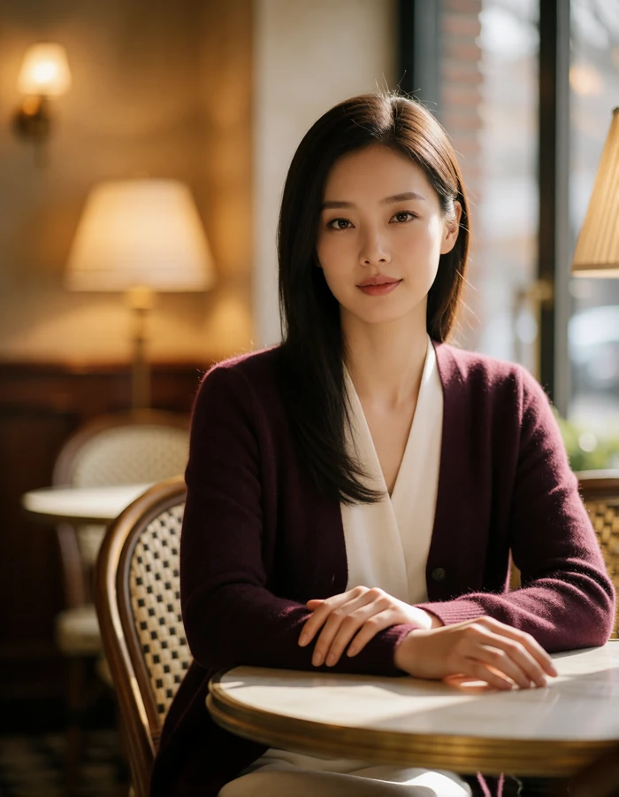 Korean woman in a wine cardigan seated at a small café table with a reserved smile