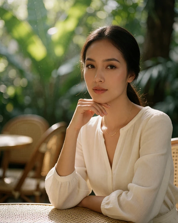 Graceful Thai woman in an ivory linen blouse seated at a garden cafe table surrounded by tropical greenery