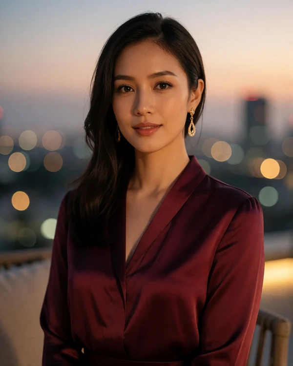 Elegant Indonesian woman in a wine silk blouse photographed on a rooftop lounge terrace at dusk