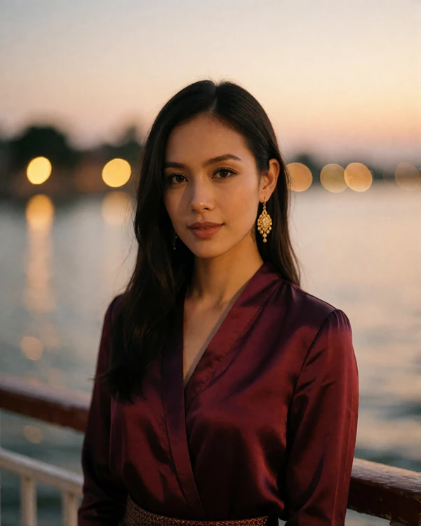 Elegant Cambodian woman in a wine silk blouse photographed on a riverfront promenade at dusk