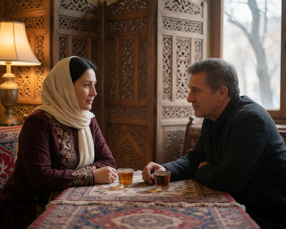 Mature couple seated across a low table in a quiet traditional teahouse, leaning toward each other in warm conversation