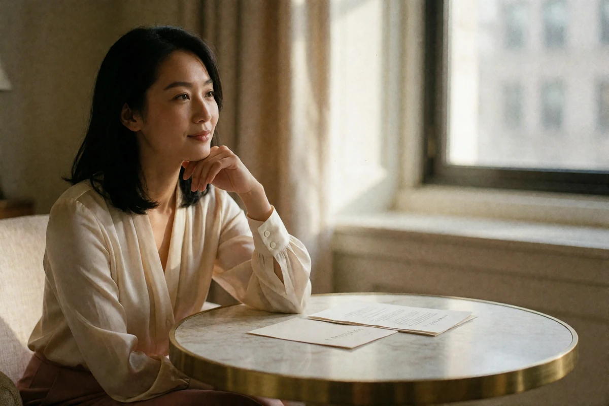 Thoughtful Asian woman in a cream silk blouse resting her chin on her hand with a soft private smile at a sunlit marble table