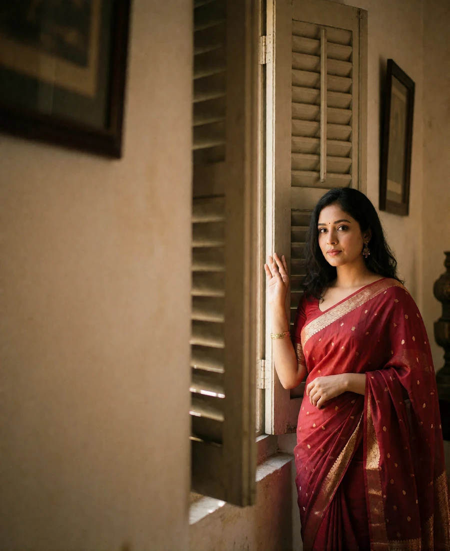 Composed Bangladeshi woman in a deep red sari with a gold border standing beside a tall window in a warm colonial-style interior