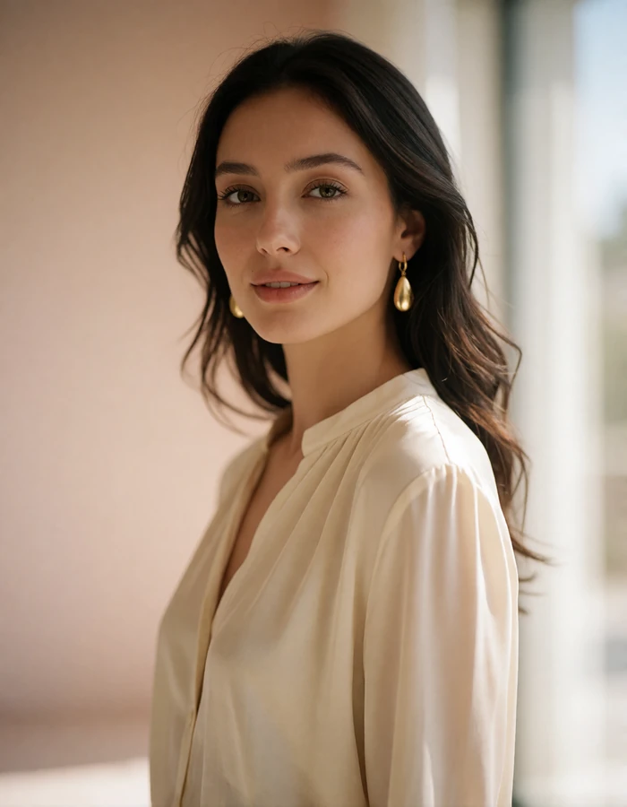 Elegant Uzbek woman with a soft genuine smile in a bright modern interior in Tashkent