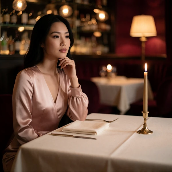 Poised woman in a blush satin dress seated at a candlelit fine-dining table in a warm restaurant