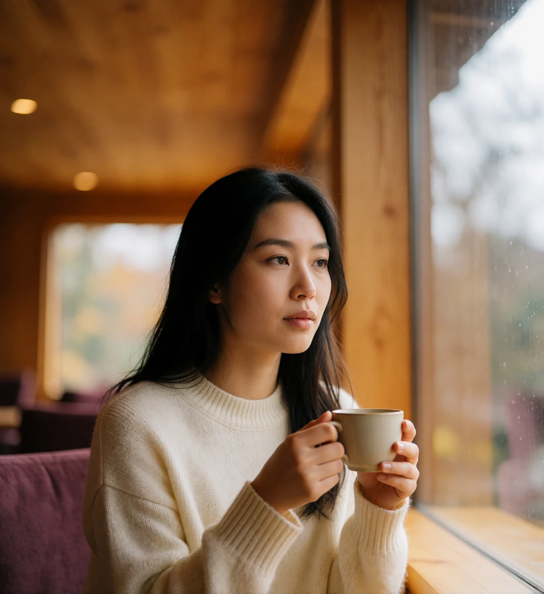 Composed Asian woman in an ivory sweater holding a ceramic cup while seated by a window in a warmly lit tea house