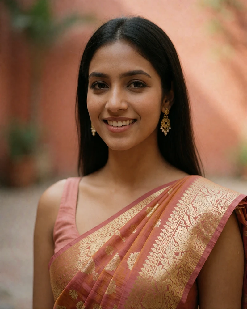 Smiling Bangladeshi woman in a saffron and gold sari photographed against a softly blurred terracotta courtyard