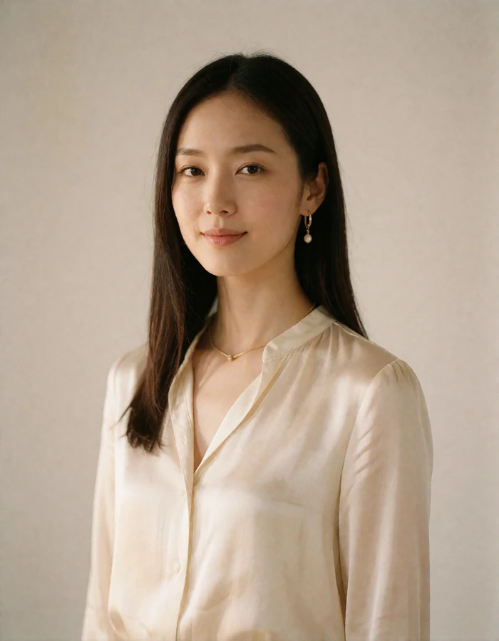Japanese woman in a cream silk blouse against a plain warm studio backdrop with a sincere smile