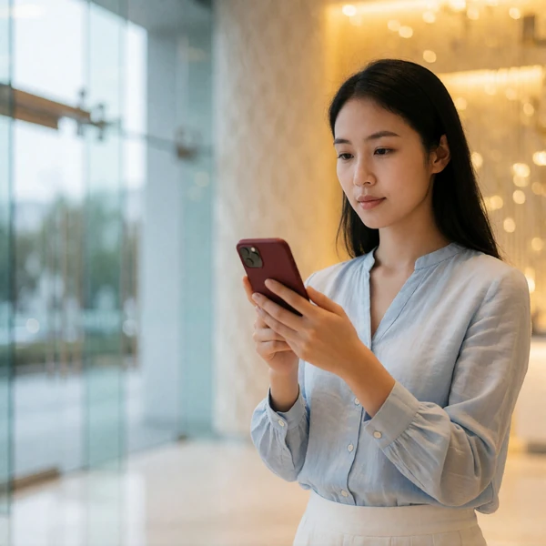 Calm woman in a pale blue blouse holding her phone screen-down while standing in a bright modern lobby