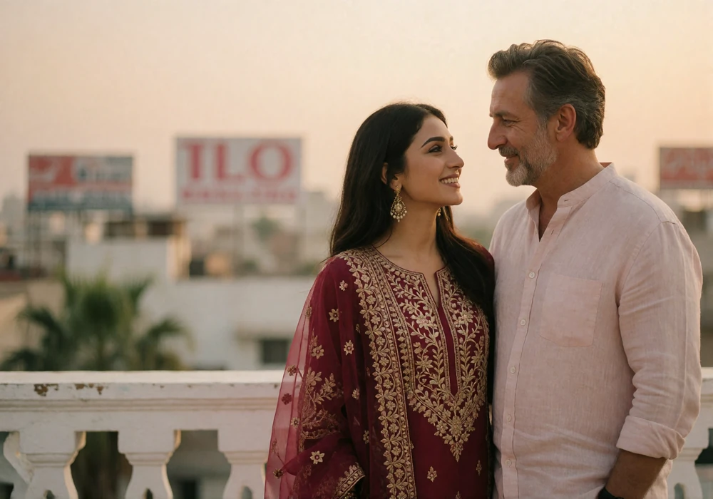Couple standing close together on a rooftop terrace at golden hour, smiling at each other above a hazy skyline
