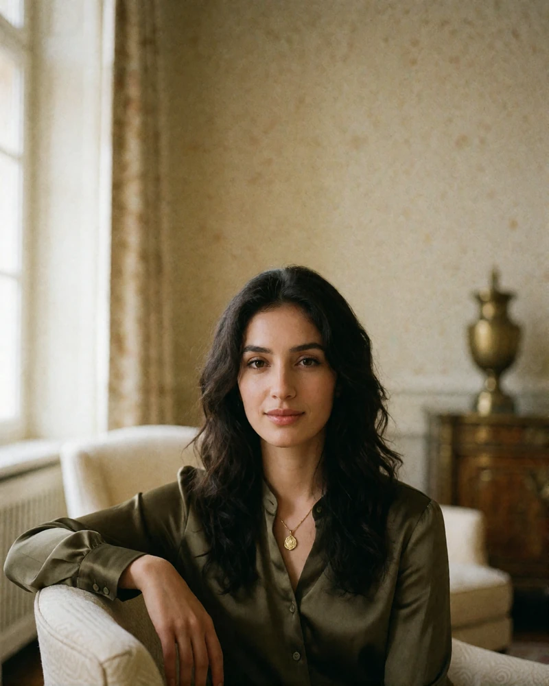 Confident Tajik woman in an olive silk blouse seated in an upscale hotel lounge
