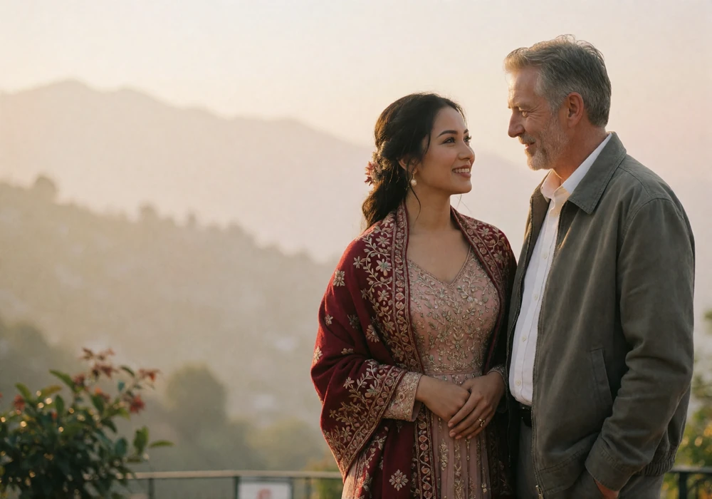 Couple standing close together on a hillside terrace at sunrise, smiling at each other above softly blurred mountain ridges