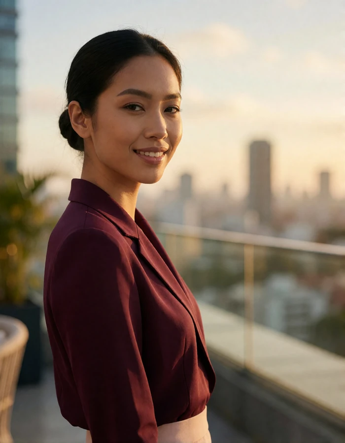Filipina woman in a tailored wine blouse on a city rooftop at golden hour with a confident smile