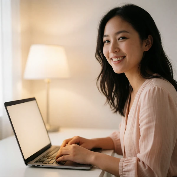 Smiling Asian woman in a blush blouse seated at a bright desk facing a laptop with its screen turned away