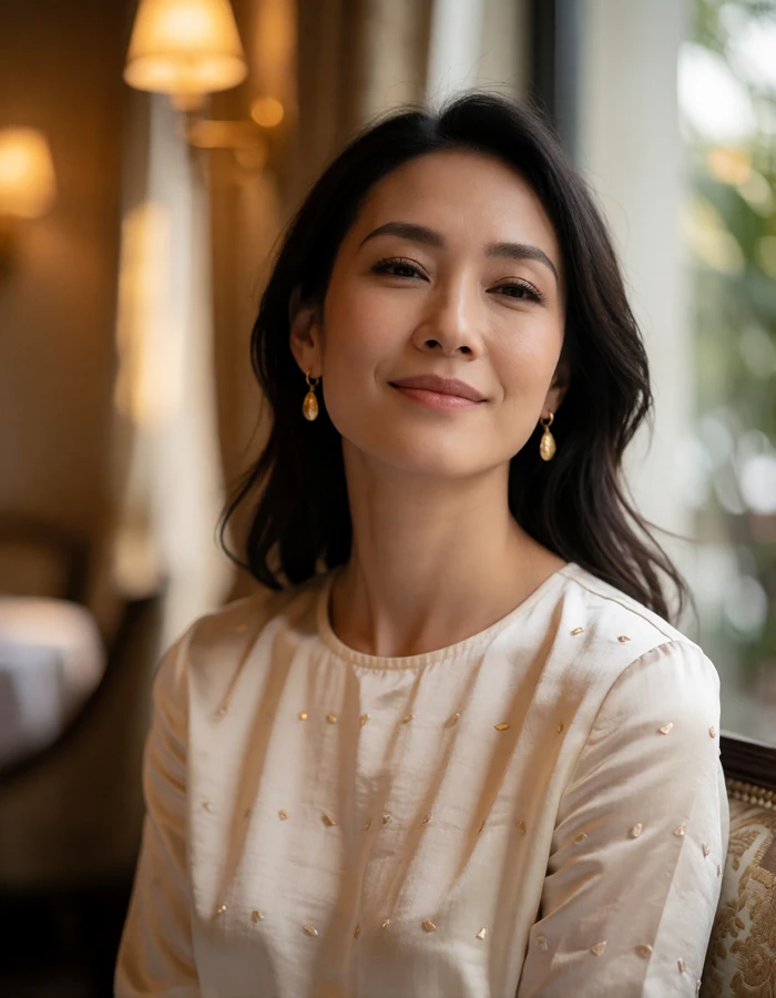 Elegant Malaysian woman of Chinese heritage in an ivory silk top seated by a restaurant window