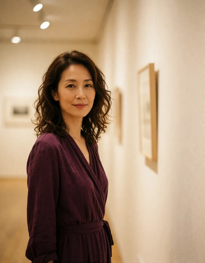Japanese woman in a deep plum wrap dress standing in a quiet art gallery corridor