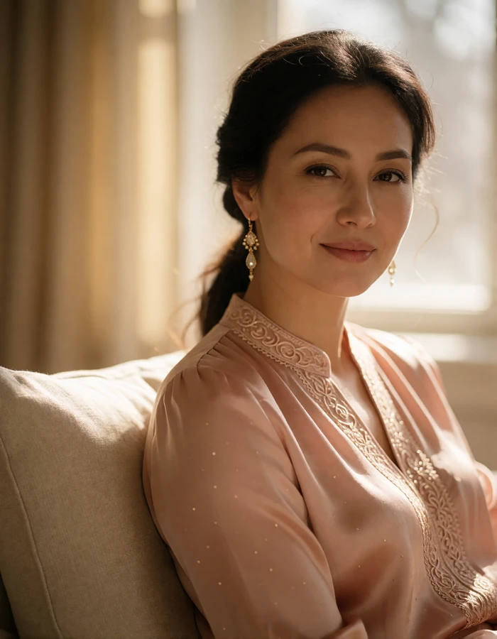 Gentle Kazakh woman in a blush silk blouse seated in a warm sunlit room in Shymkent