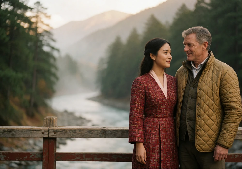 Woman in a deep red woven dress and a man in a travel jacket standing together on a wooden footbridge above a misty mountain river