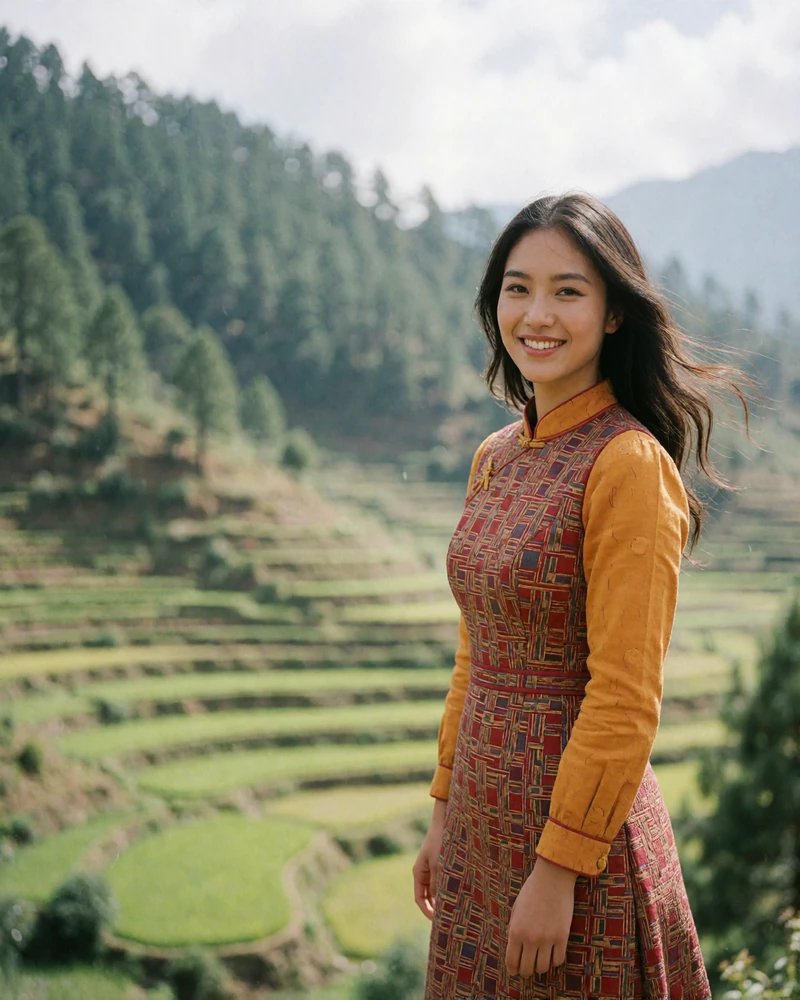 Cheerful Bhutanese woman in a saffron and red woven dress smiling on a valley overlook with terraced fields behind her