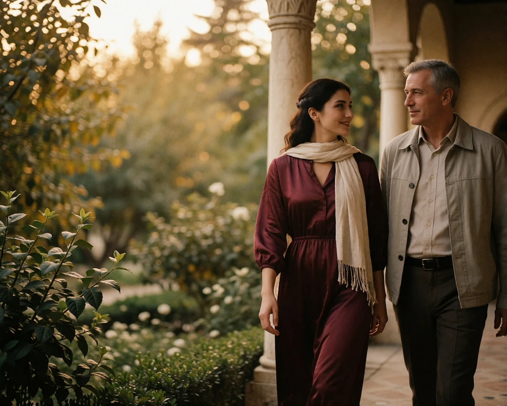 Tajik woman and a Western man walking together through a sunlit garden colonnade, deep in quiet conversation