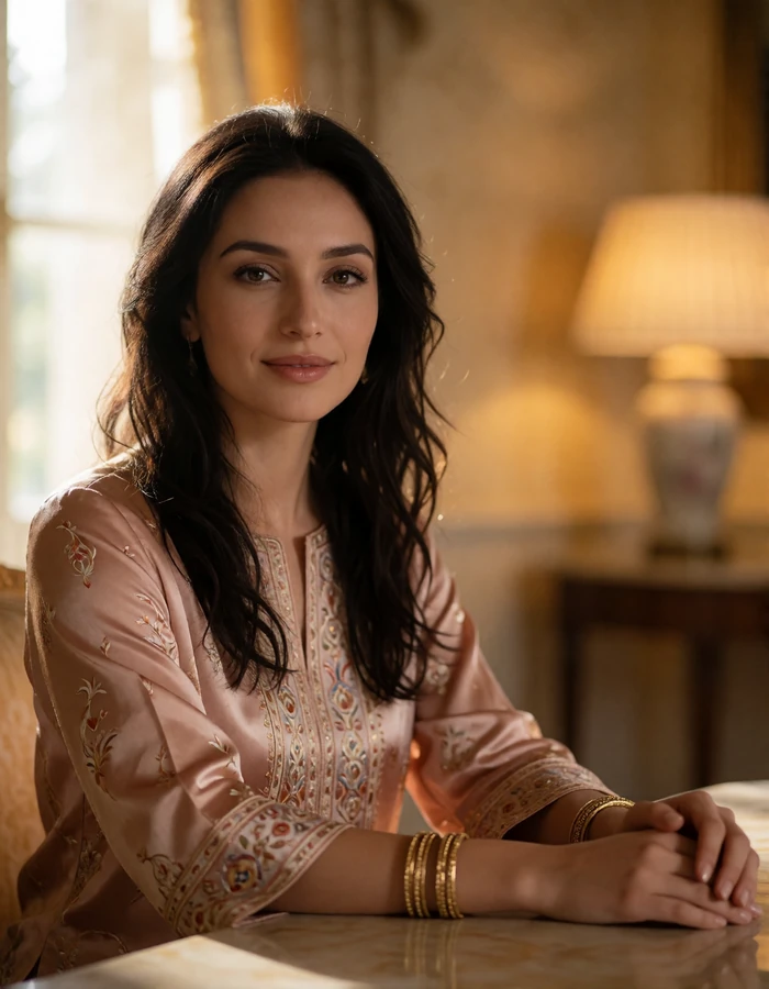 Warm Uzbek woman seated at a lamplit table in Bukhara wearing a blush silk top