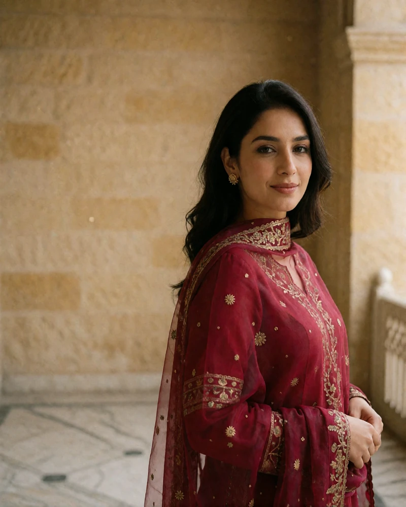 Graceful Pakistani woman in a crimson dupatta standing on a shaded marble terrace in warm afternoon light