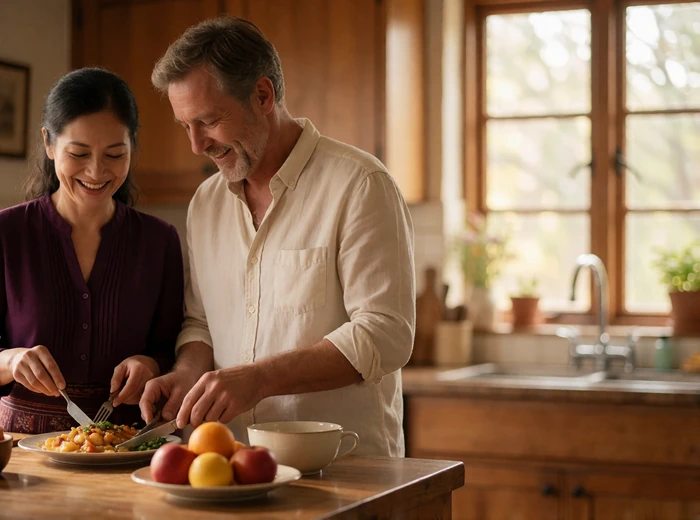 Mature couple preparing a meal together at a warm wooden kitchen counter, laughing softly