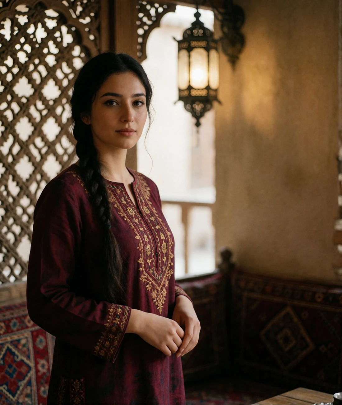 Tajik woman in a wine embroidered tunic standing in a traditional teahouse with carved wooden lattice behind her