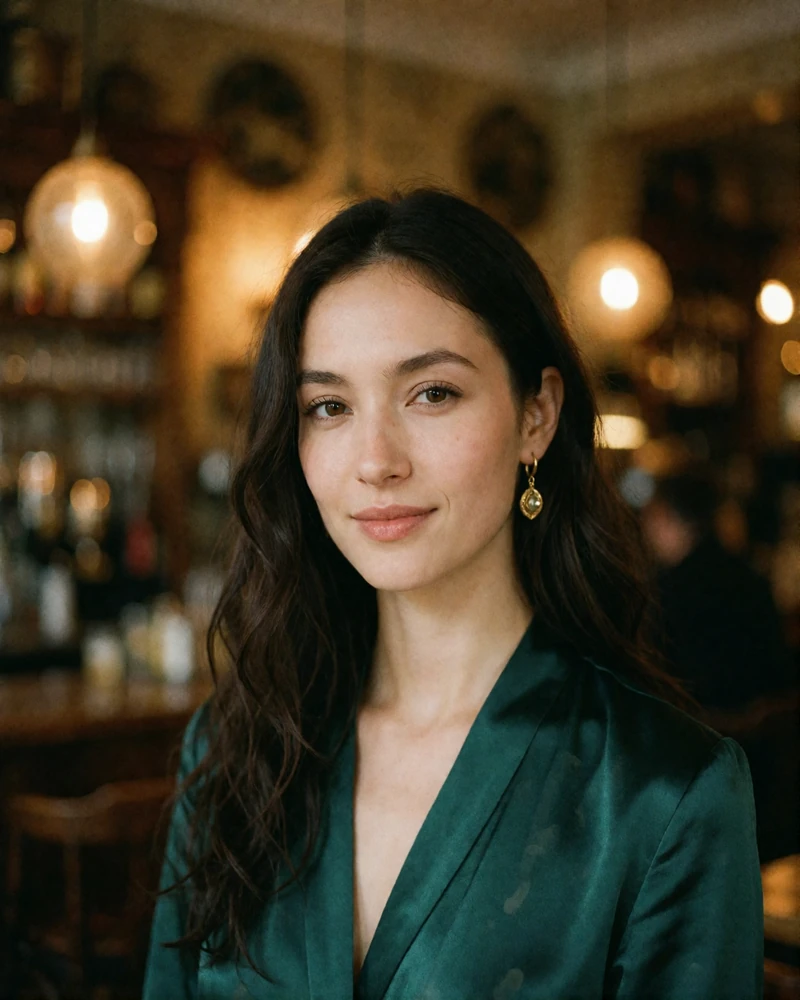 Smiling Kyrgyz woman in a deep emerald silk blouse photographed in a warmly lit café interior