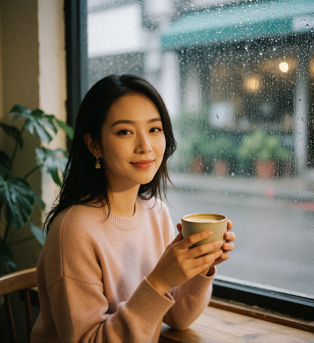Thoughtful Taiwanese woman seated by a café window holding a ceramic cup with a warm relaxed smile