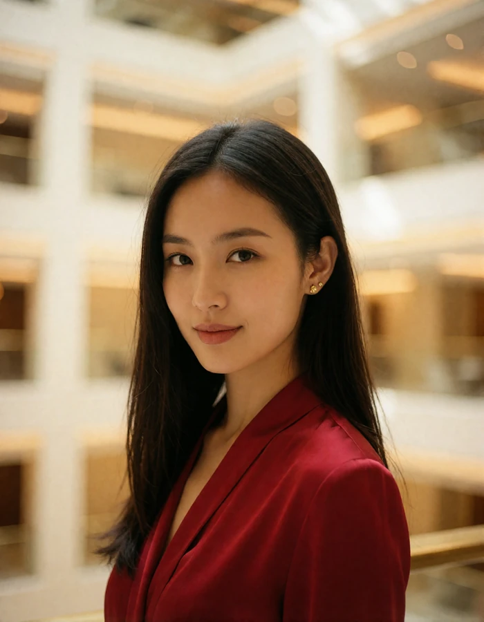 Smiling Chinese woman in a deep red silk blouse photographed in a bright hotel atrium